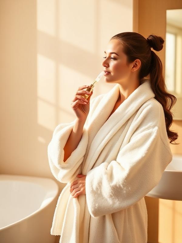 Woman in a white bathrobe applying skincare serum