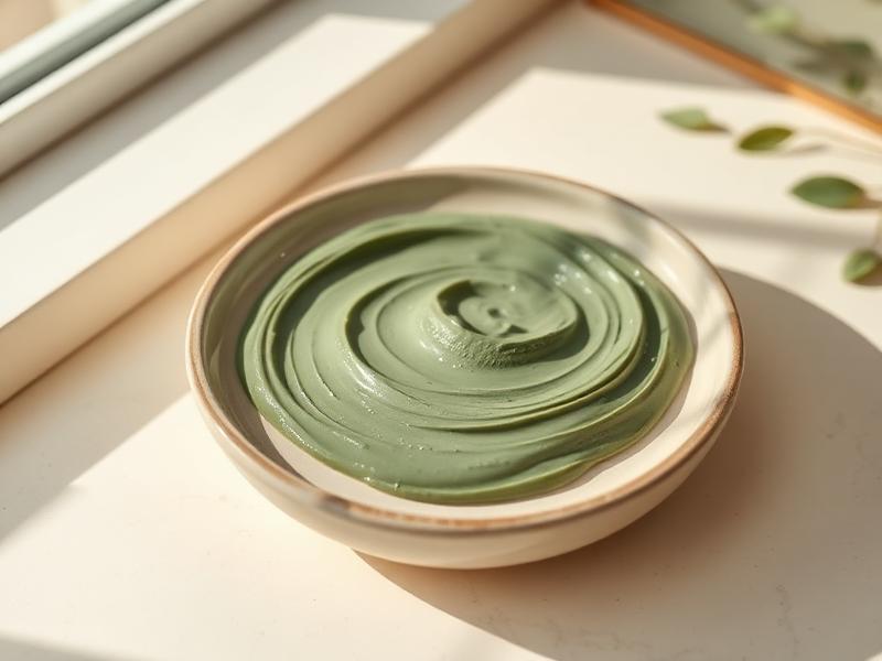 Green clay mask texture in a ceramic bowl