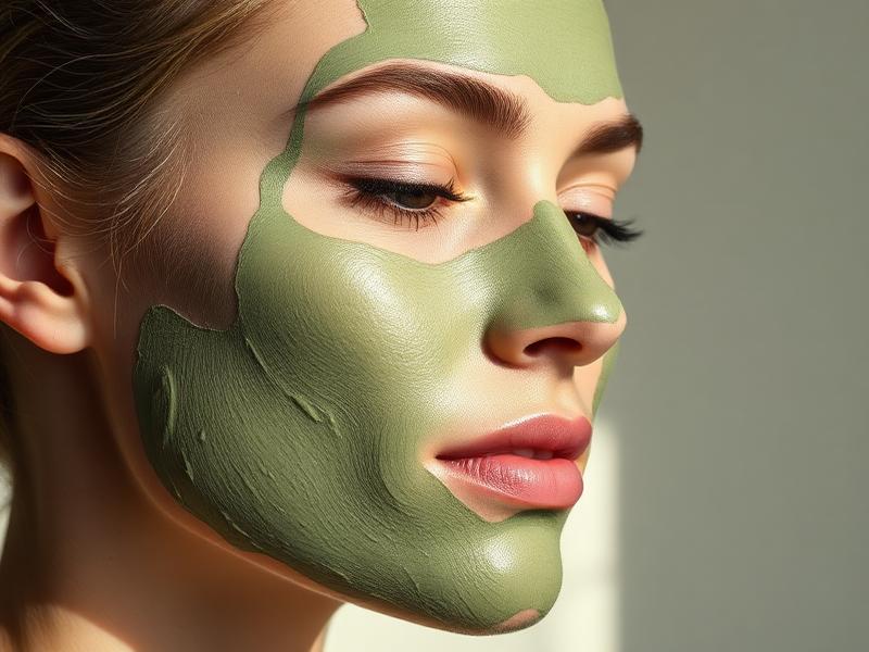 Close-up of green clay skincare mask on skin